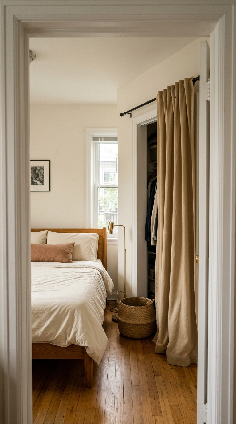 Sand-colored curtain replacing closet doors in a warm neutral bedroom