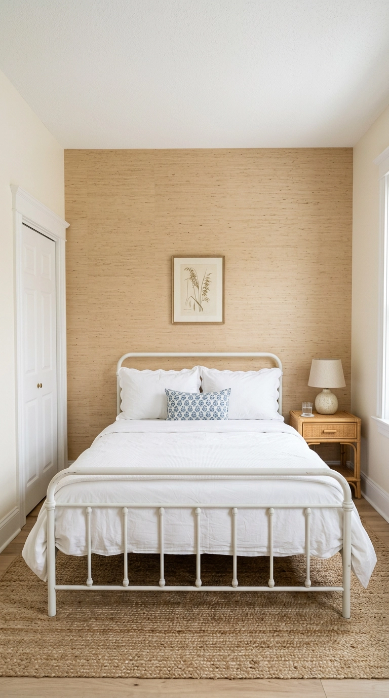 Warm sand grasscloth peel-and-stick wallpaper behind a bed in a neutral bedroom