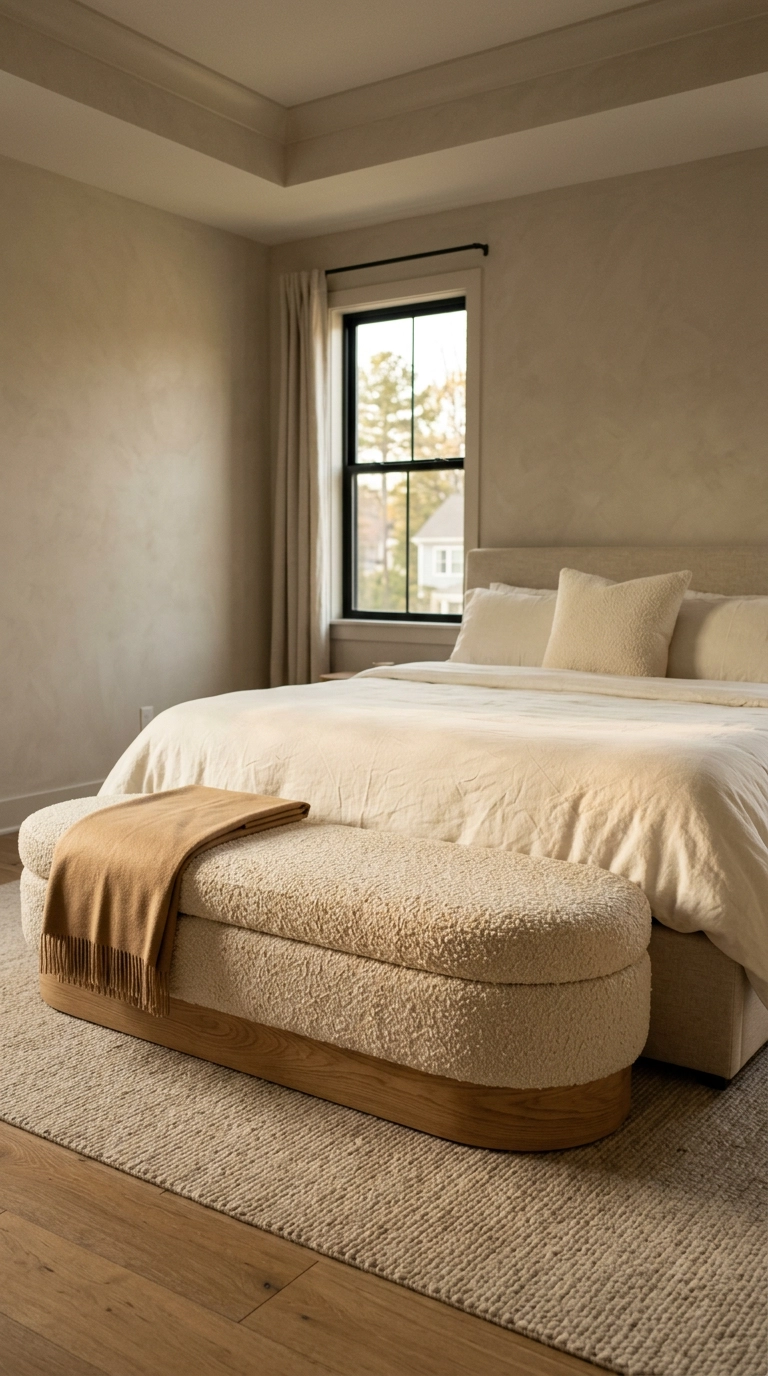 Cream boucle bench at the foot of a bed in a warm neutral bedroom