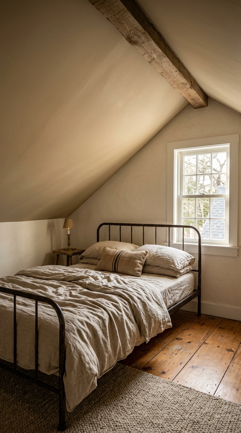 Warm putty painted sloped ceiling in a warm neutral attic bedroom