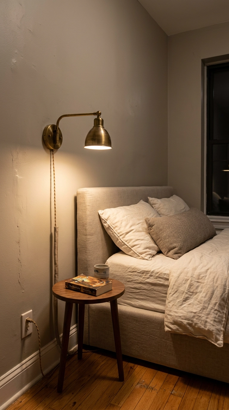 Plug-in brass swing-arm sconce above a slim nightstand in a warm neutral bedroom