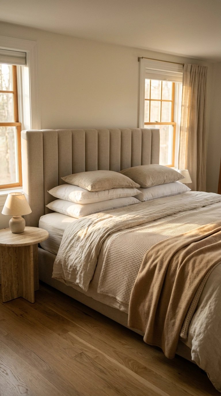 Tonal warm neutral bedding layered in cream, oatmeal, and camel on a tufted linen bed
