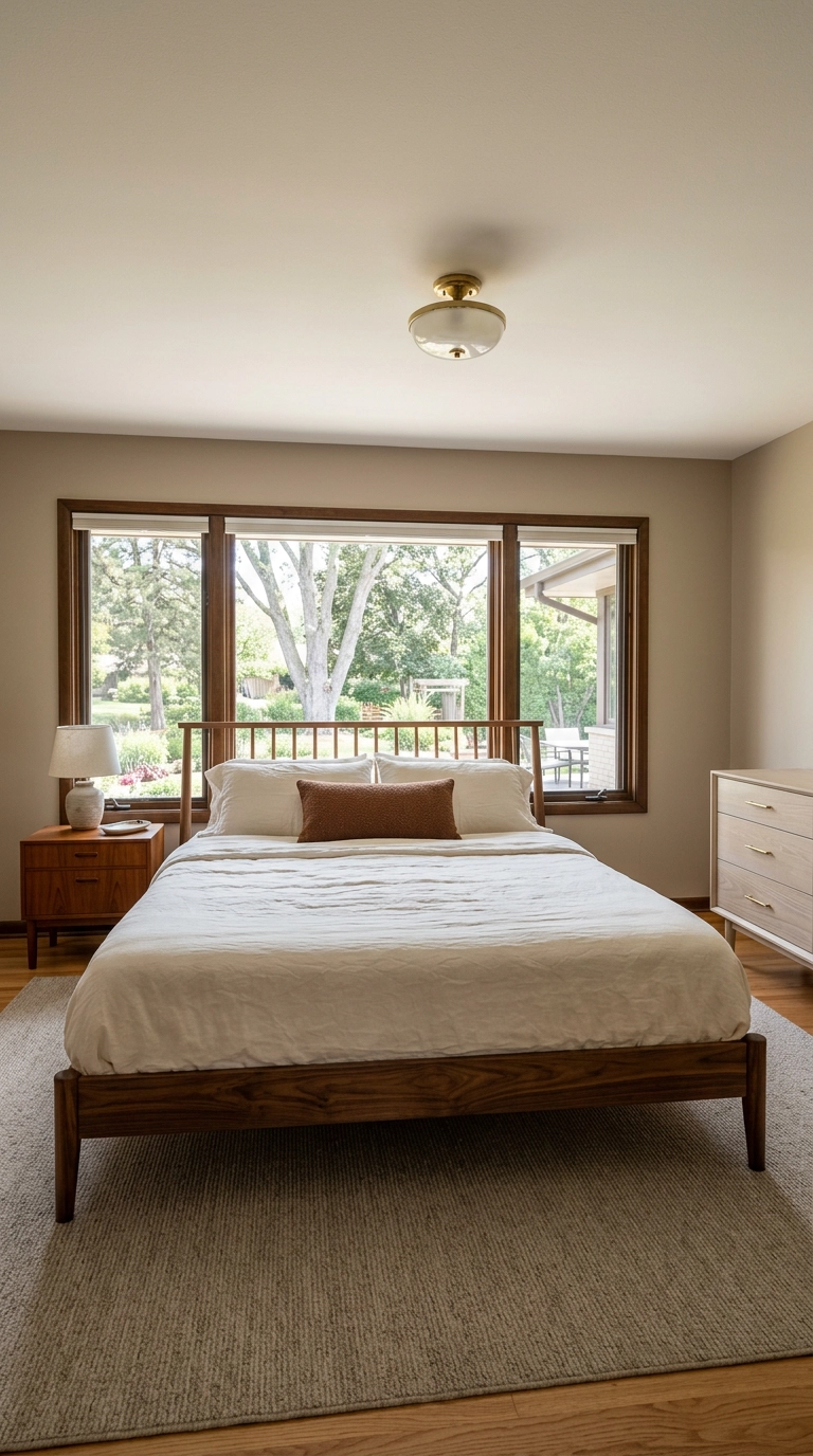 Mixed walnut, teak, and ash wood tones in a mid-century warm neutral bedroom
