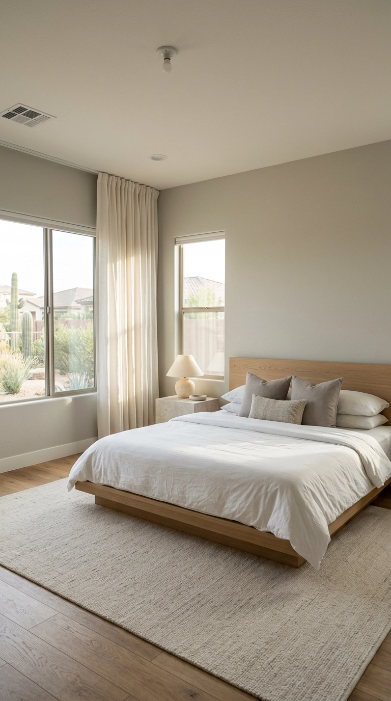 Cool-leaning warm neutral walls in a bright south-facing bedroom