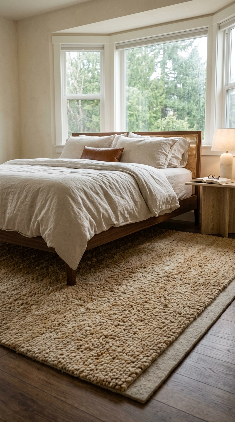 Thick hand-knotted honey wool rug over a plush pad in a warm neutral bedroom