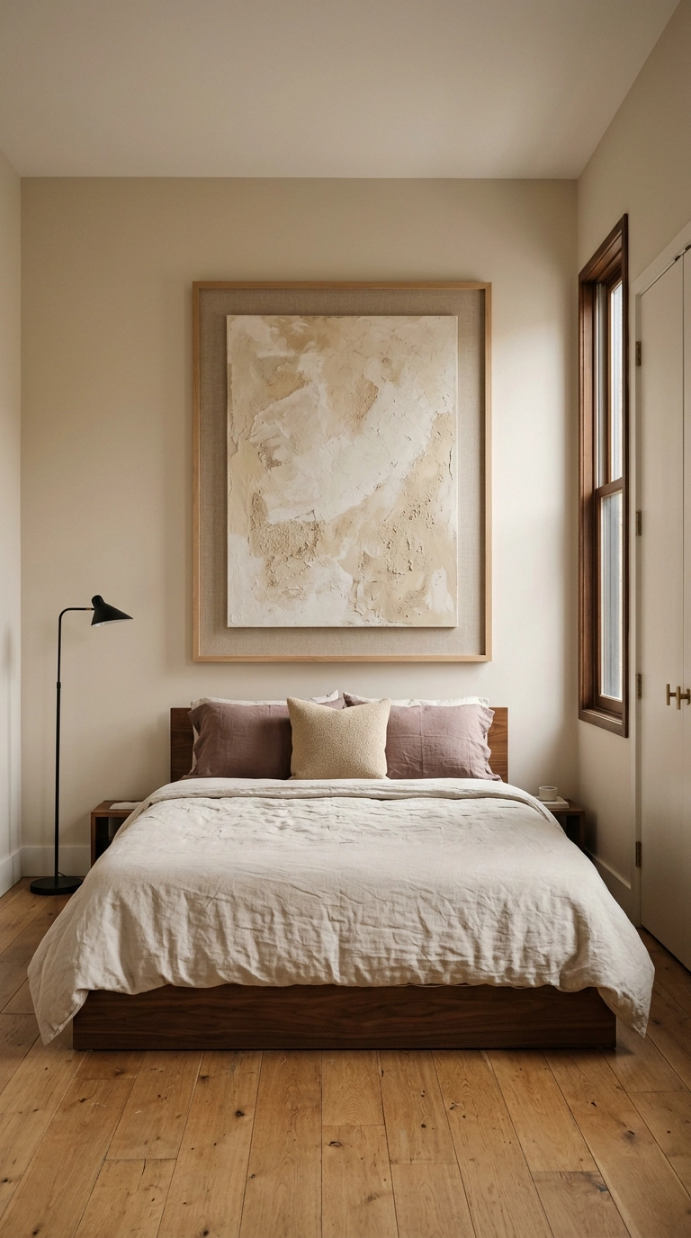 Large plaster-toned abstract canvas in an oak frame above a warm neutral bed