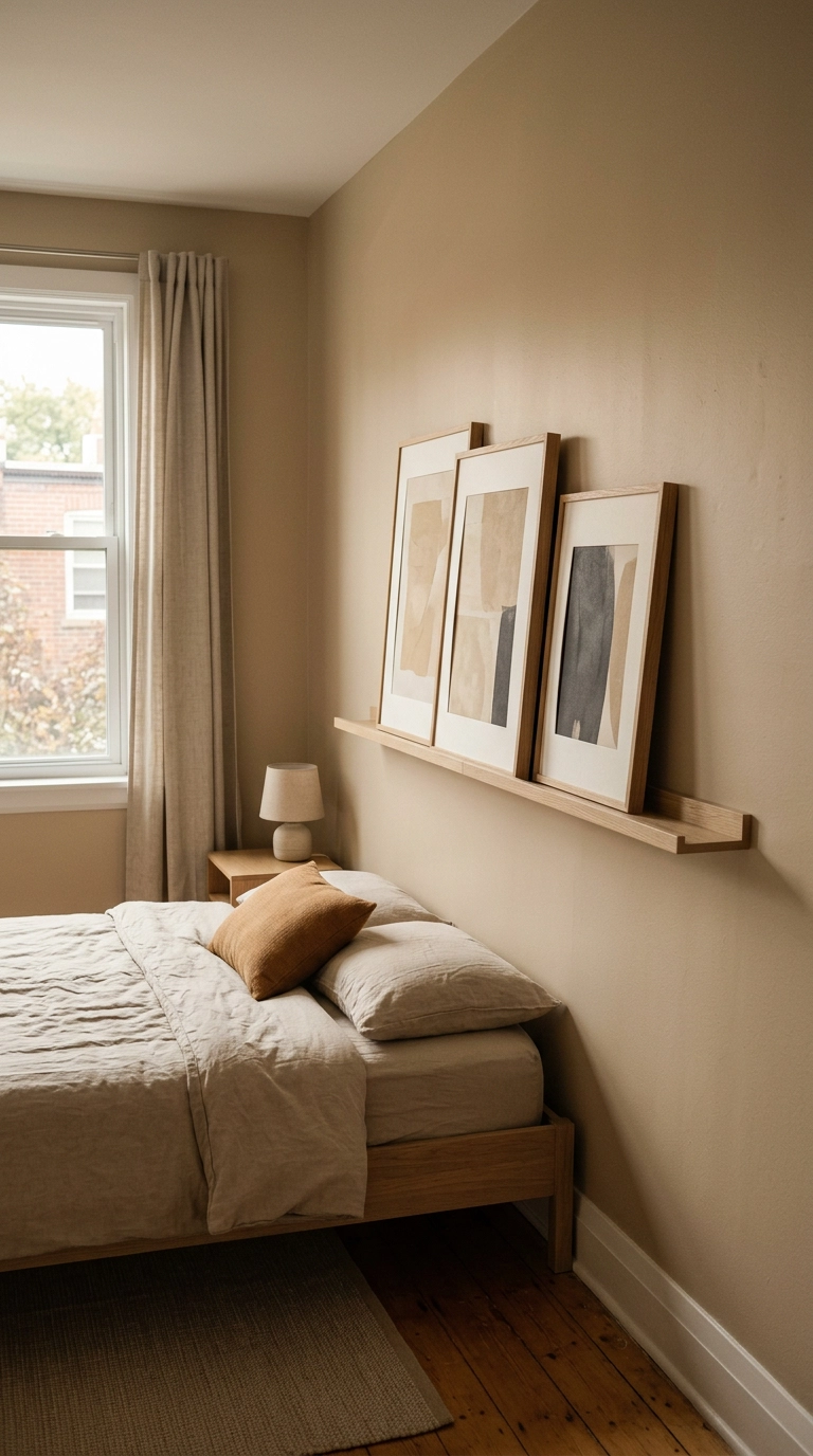 Oak picture ledge with three leaning frames in a warm neutral bedroom