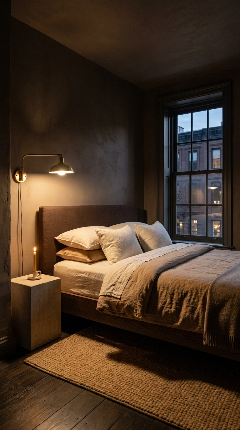 Deep mushroom brown walls in a moody warm neutral bedroom with a brass sconce