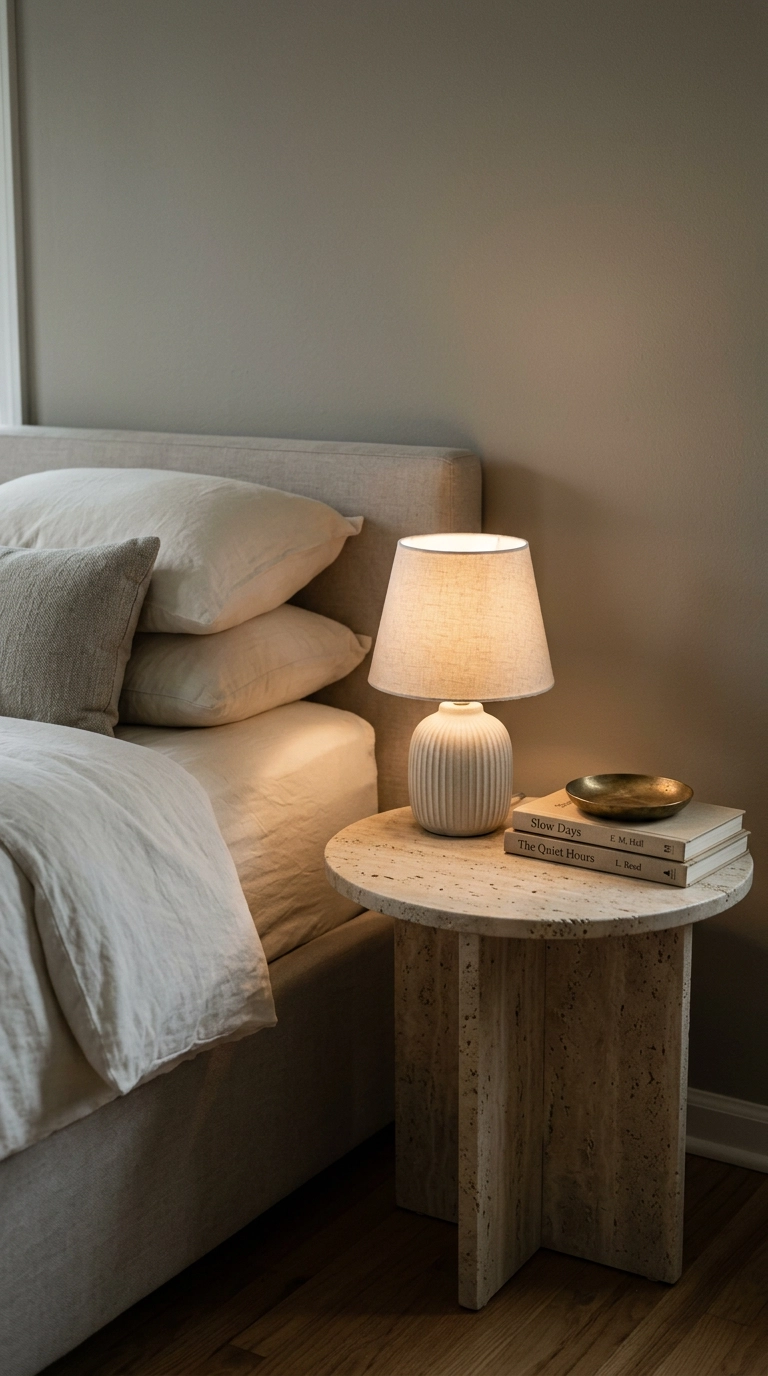 Travertine nightstand level with the mattress in a warm neutral bedroom vignette