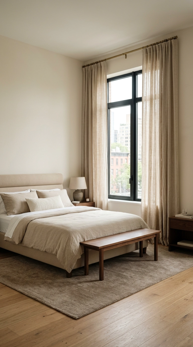 Oatmeal linen curtains hung near the ceiling in a warm neutral apartment bedroom