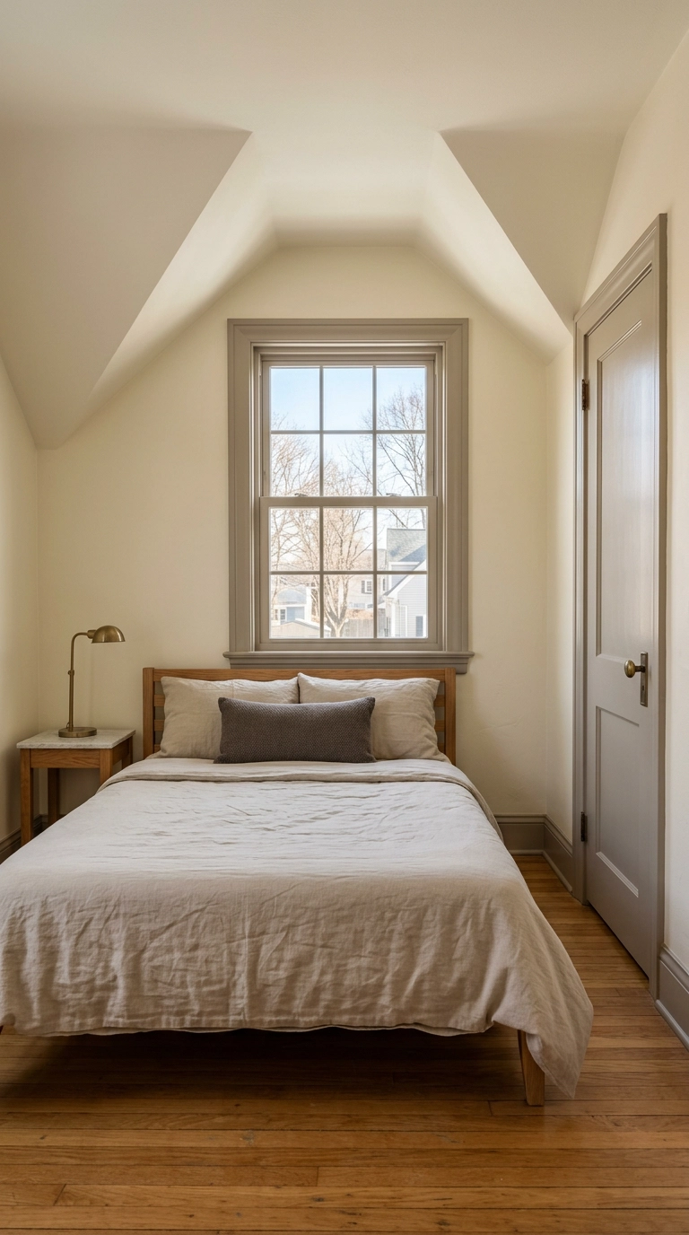 Mushroom taupe trim against warm cream walls in a small warm neutral bedroom