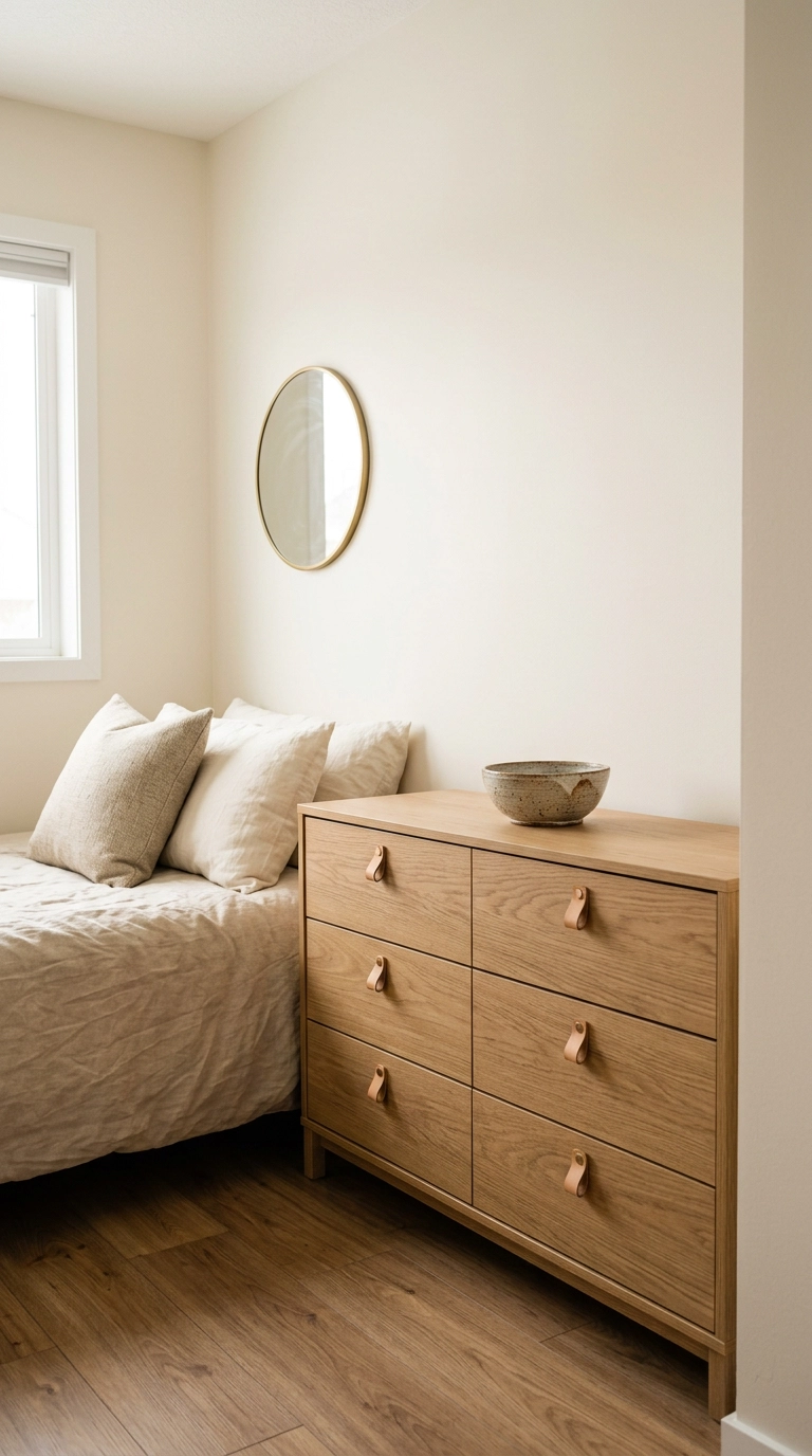 IKEA dresser hacked with oak fronts and leather pulls in a warm neutral bedroom
