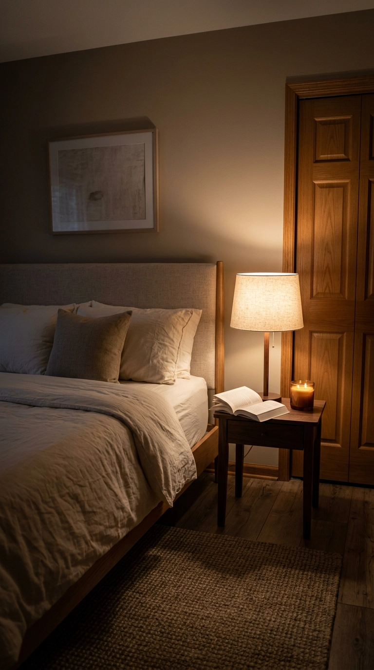 Warm 2700K bedside lamp glow in a warm neutral bedroom at dusk