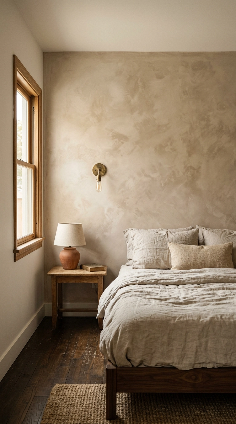 Limewash plaster accent wall in warm clay beige with a brass sconce in a bedroom