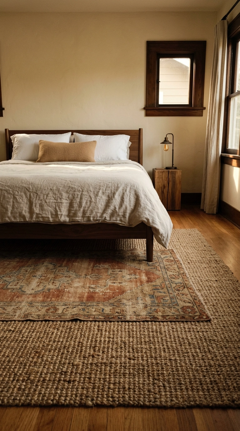 Faded vintage Turkish rug layered over jute in a warm neutral bedroom