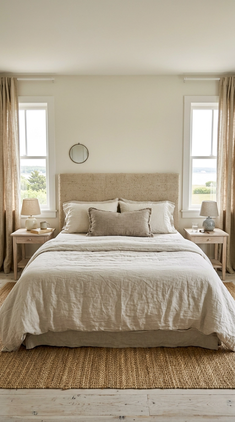 Nubby slub linen repeated on the headboard, bedding, and curtains in a warm neutral bedroom