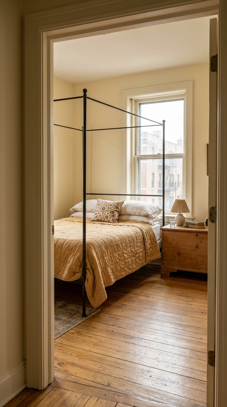 Yellow-based cream walls warming a north-facing warm neutral bedroom