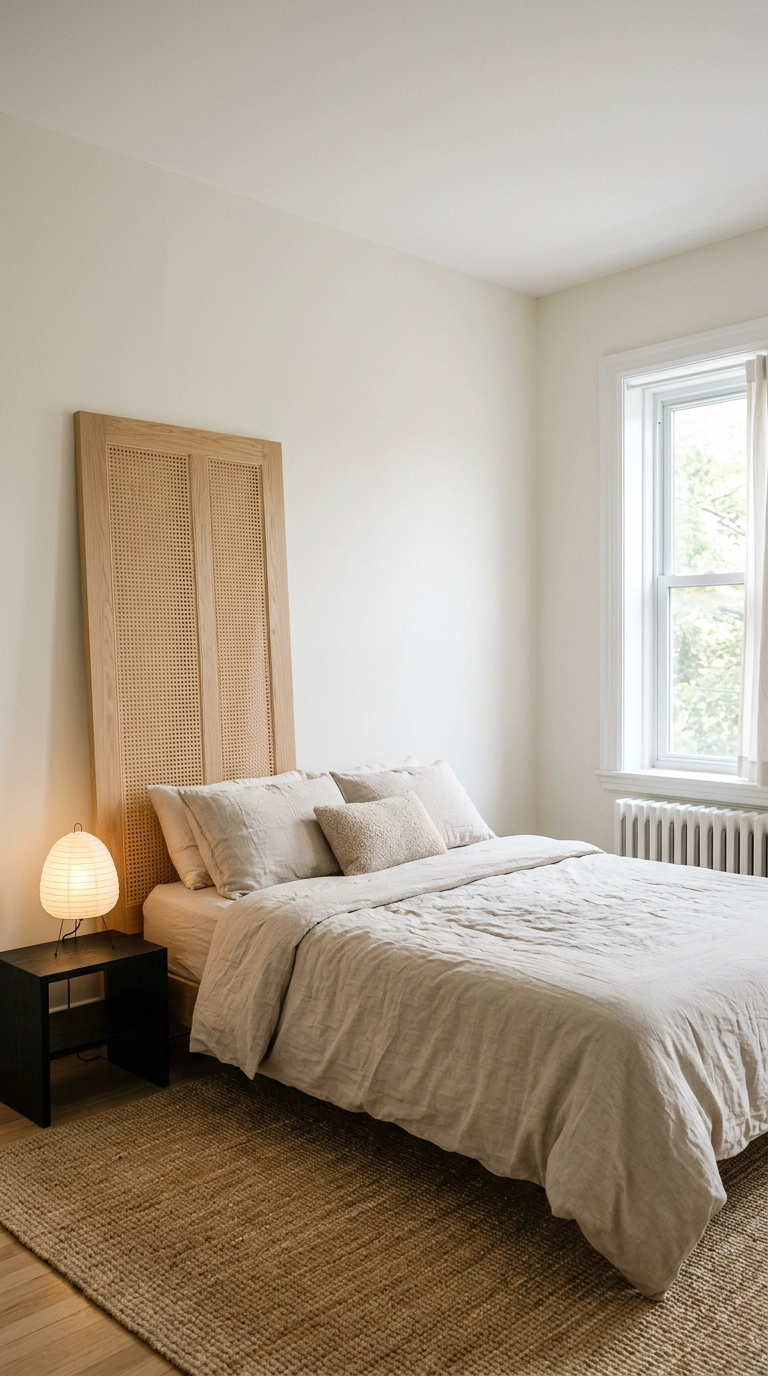 Leaning white oak and cane headboard in a warm neutral Japandi bedroom