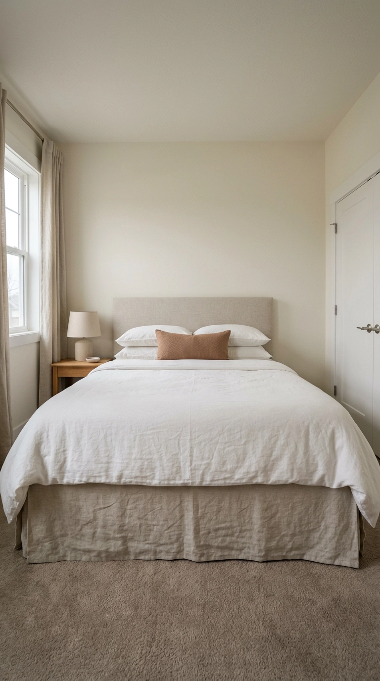 Bed skirted to the floor in oatmeal linen in a warm neutral guest bedroom