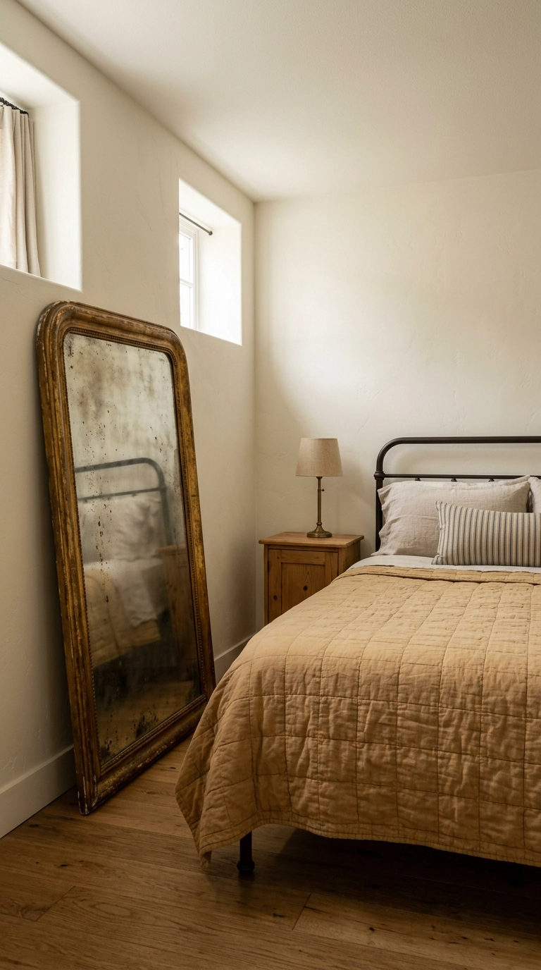 Antiqued gilt-framed mirror leaning in a dim warm neutral bedroom
