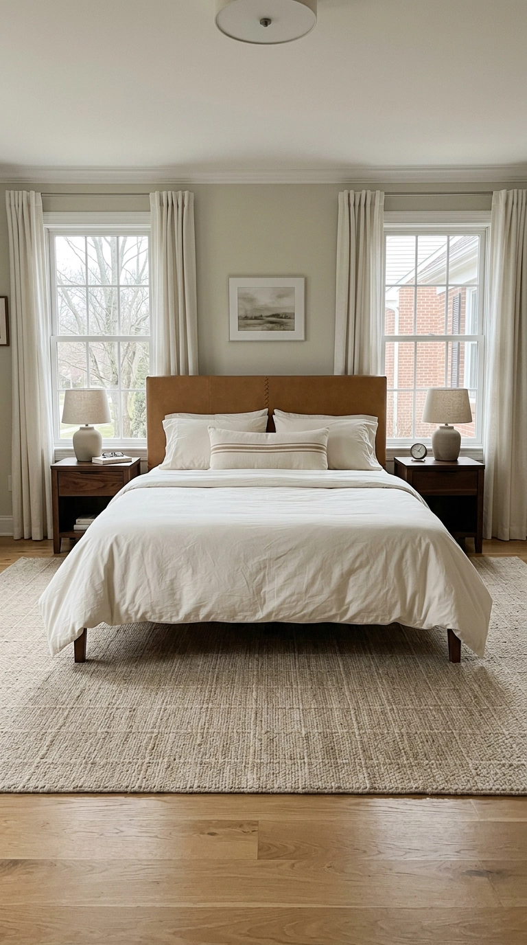 Large warm sand wool rug extending past a queen bed in a warm neutral bedroom