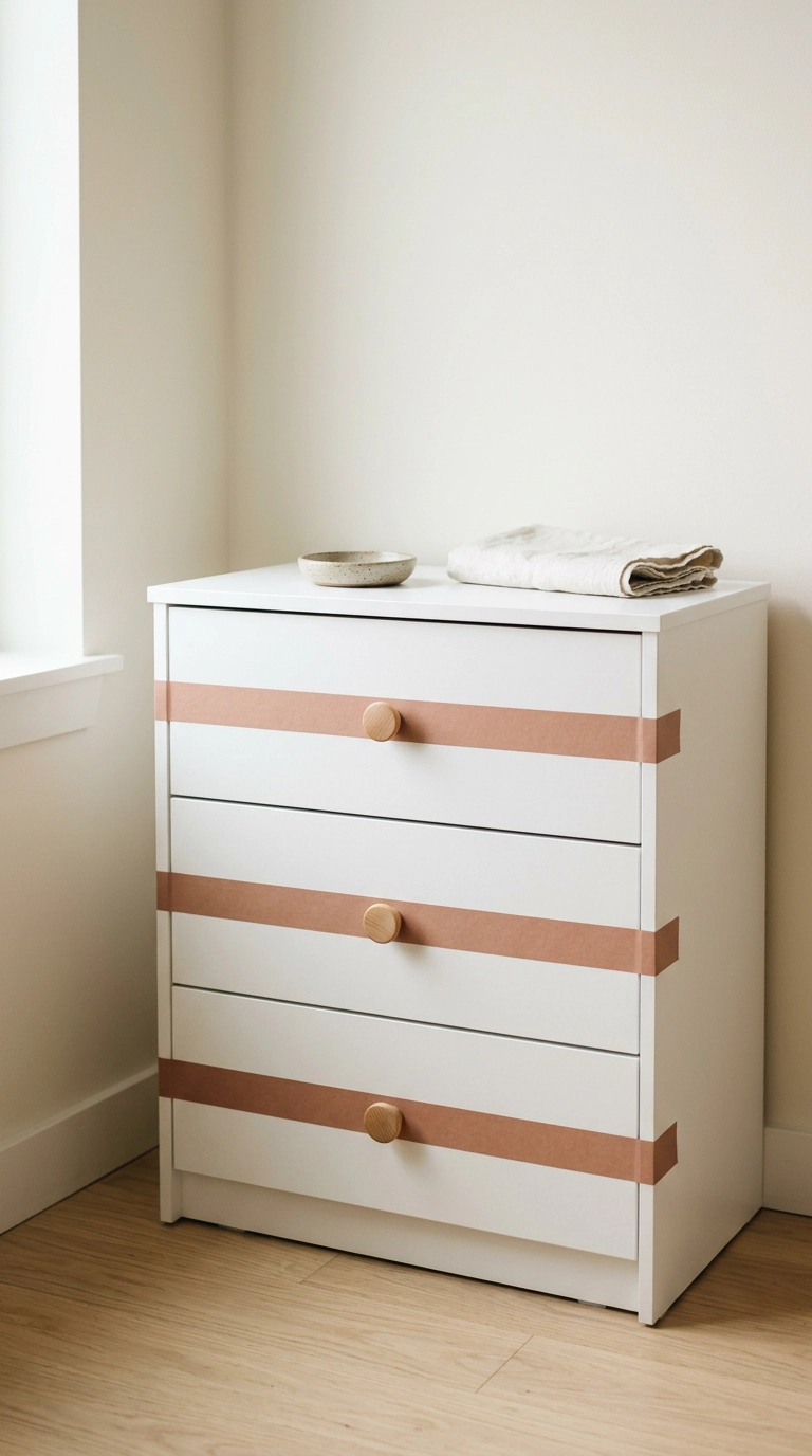 White laminate dresser with a clay washi tape band across each of three drawer fronts