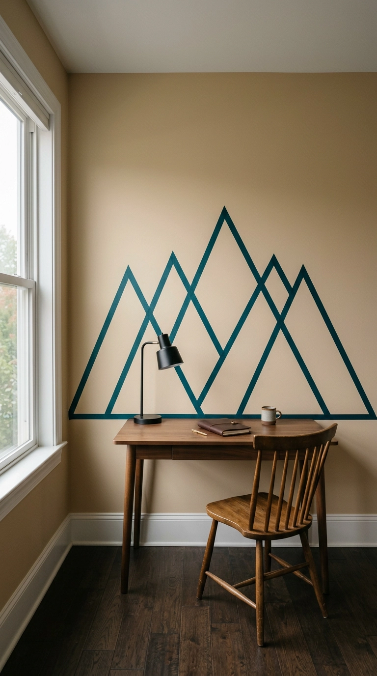 Angular teal washi tape mountain outline on a sand-colored home office wall