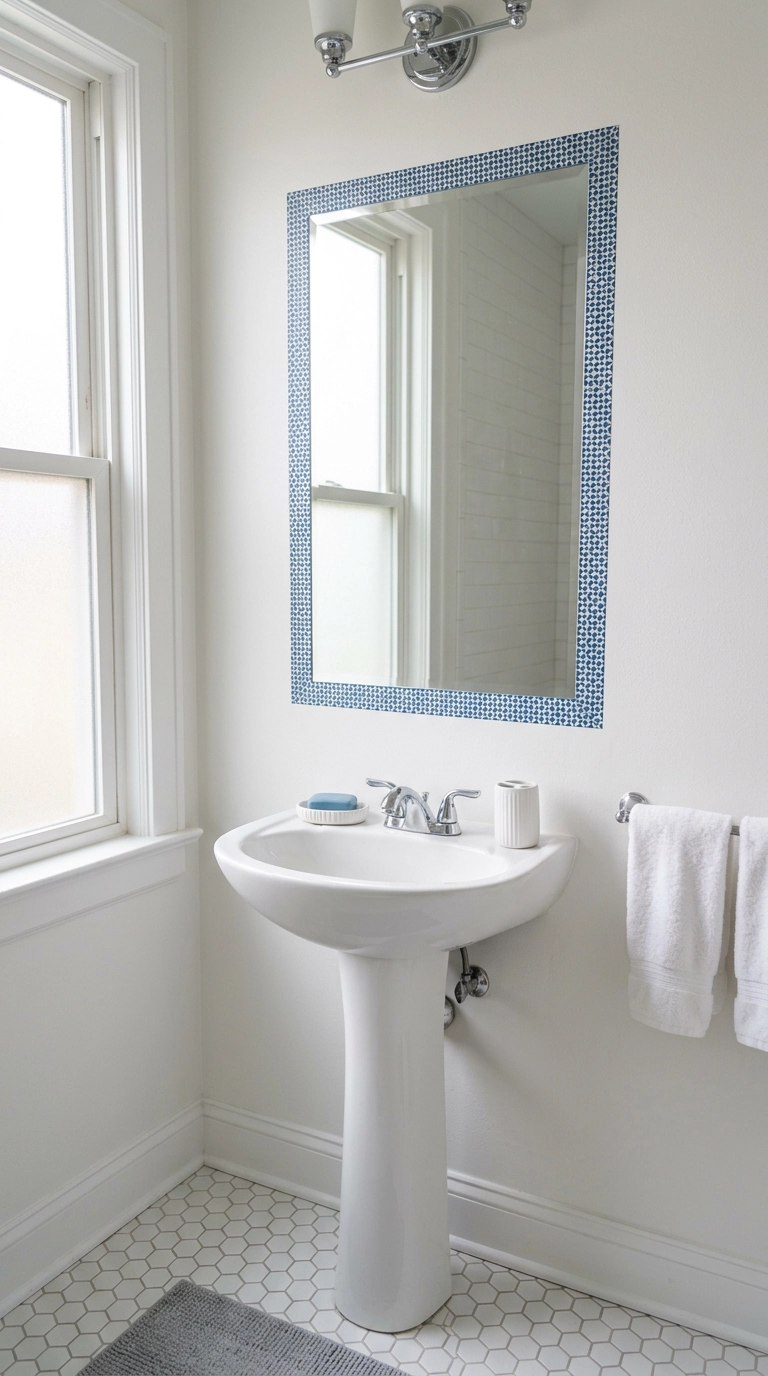 Builder mirror bordered by patterned blue and white washi tape in a rental bathroom