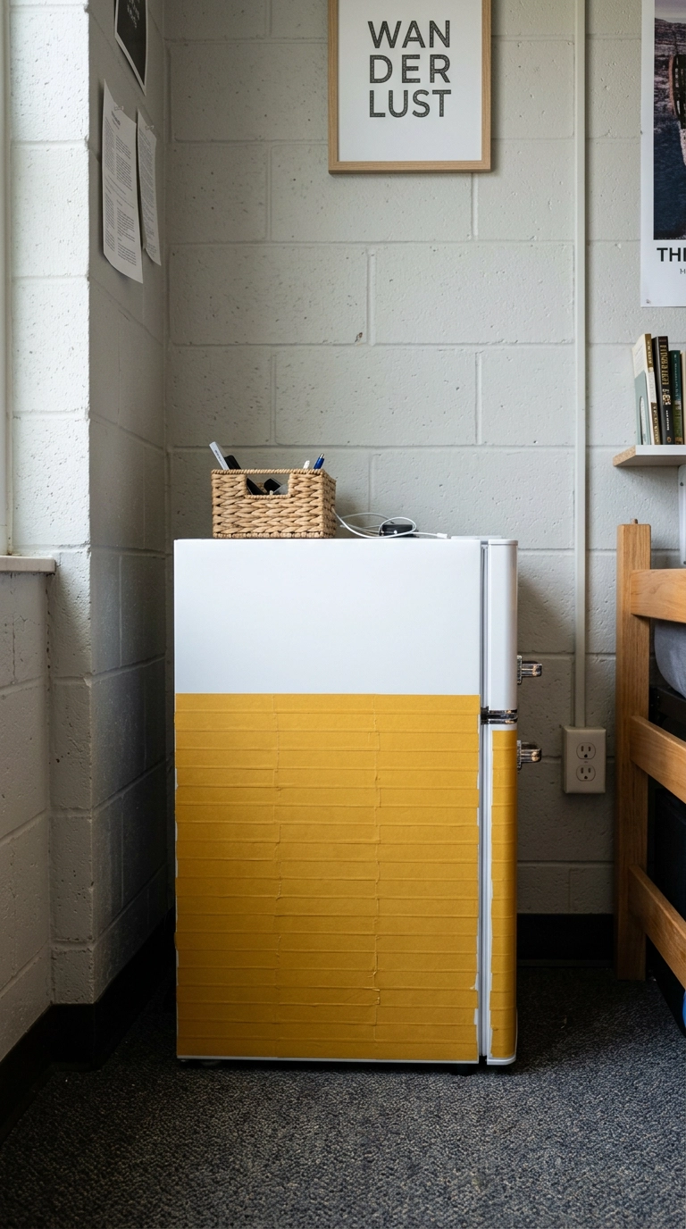 Mini fridge with its lower door color-blocked in mustard washi tape strips