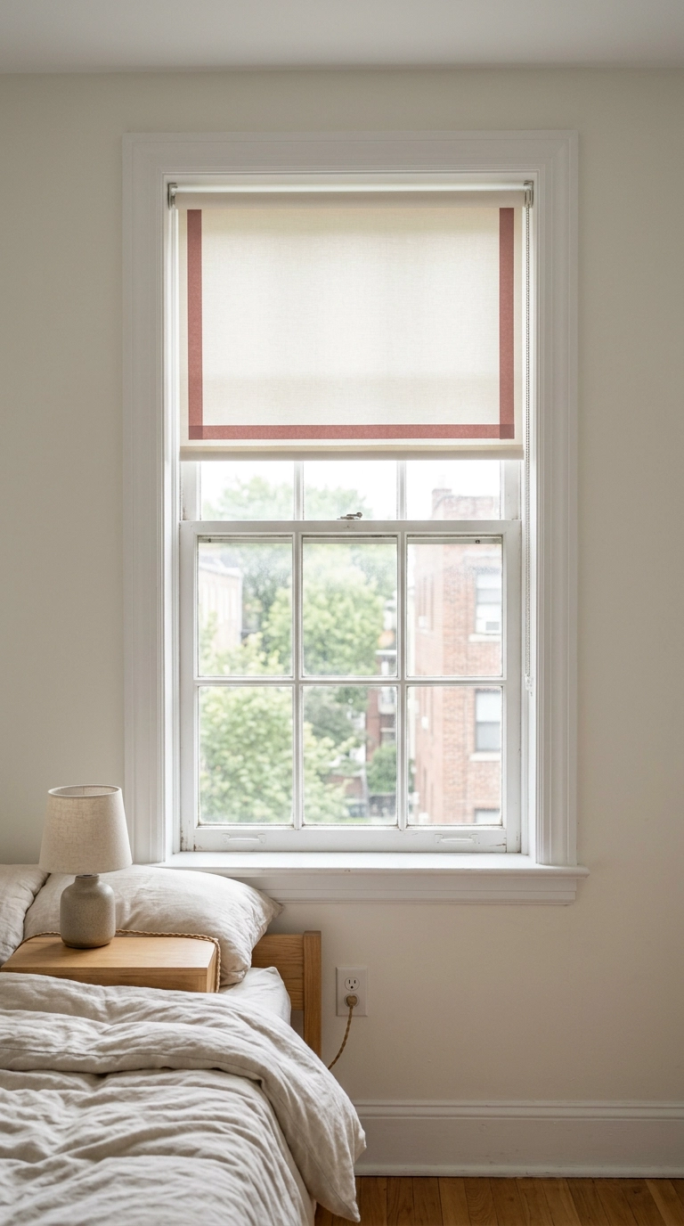 Cream roller blind with a dusty rose washi tape border along the bottom and sides