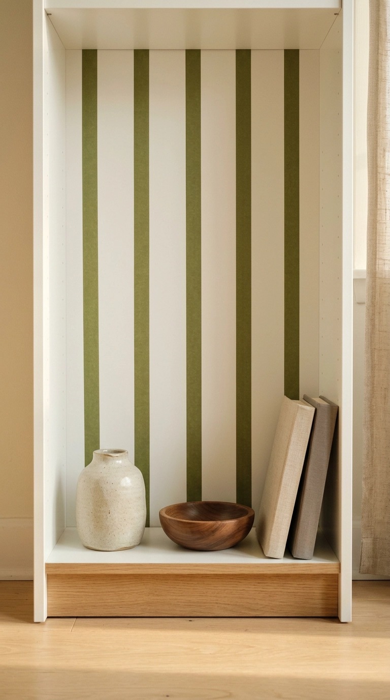 Bookcase back panel striped with olive washi tape behind three styled objects