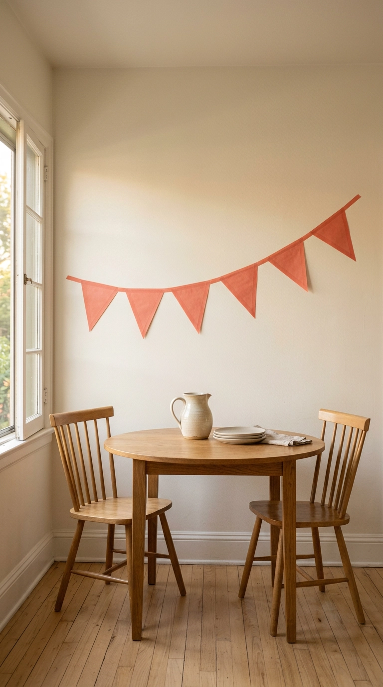Seven coral washi tape bunting triangles taped along a line above an oak dining table
