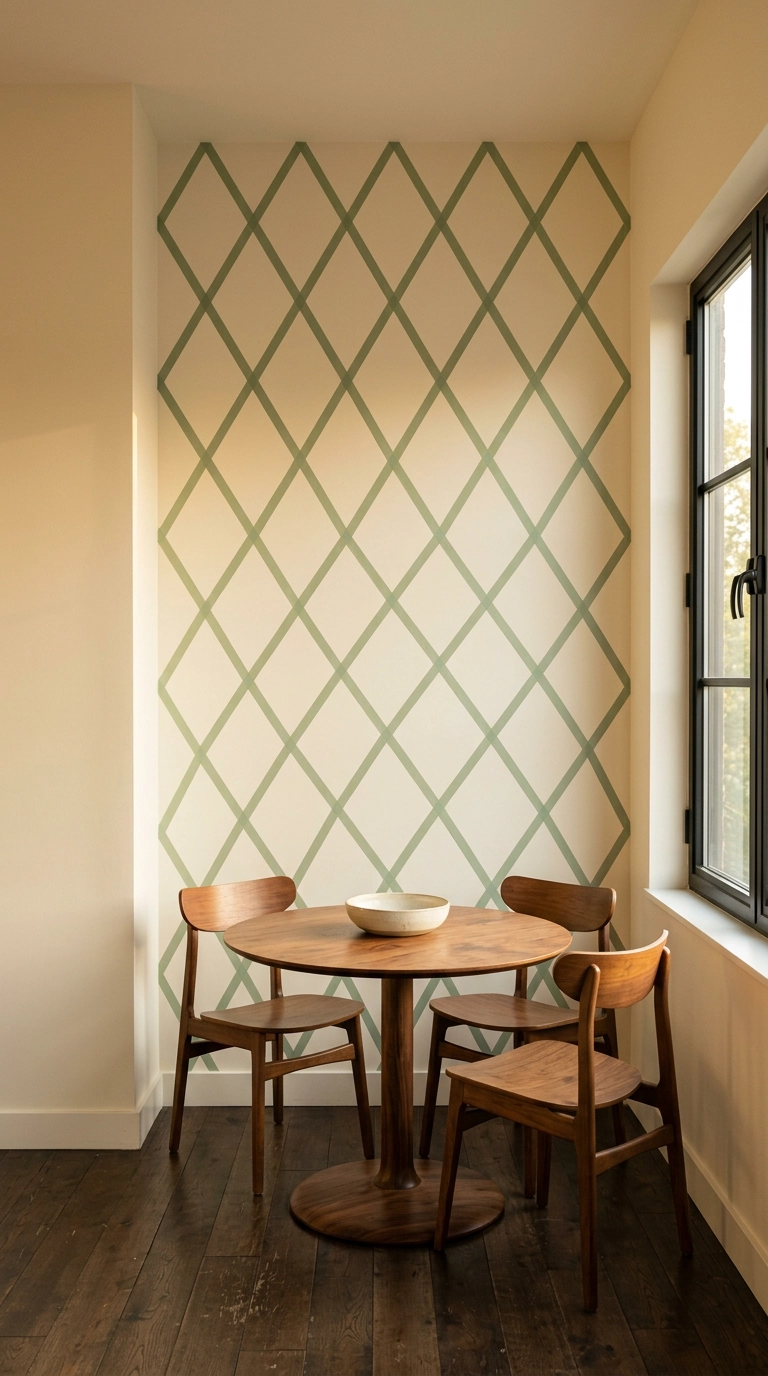 Full wall of soft sage washi tape diamonds behind a walnut pedestal dining table
