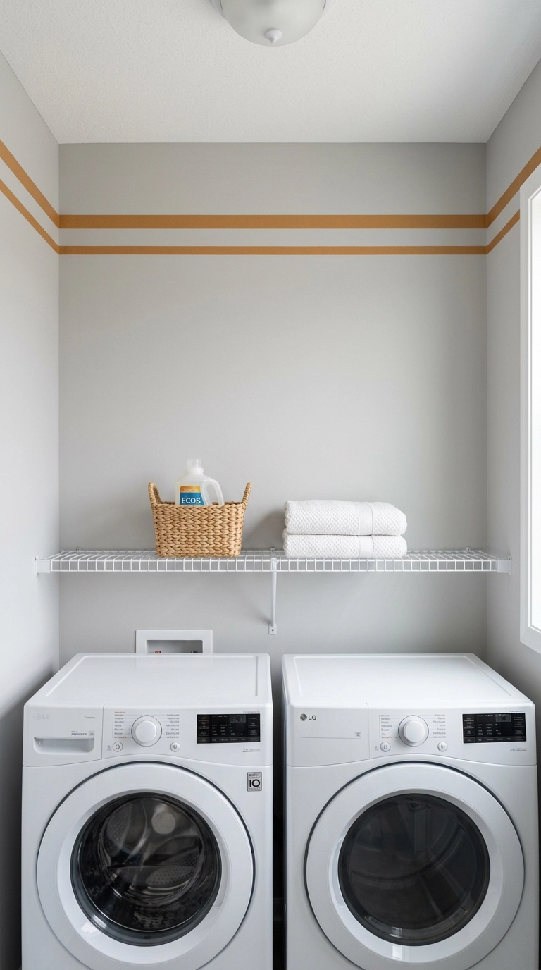 Two parallel caramel washi tape lines forming a frieze below the ceiling of a laundry alcove