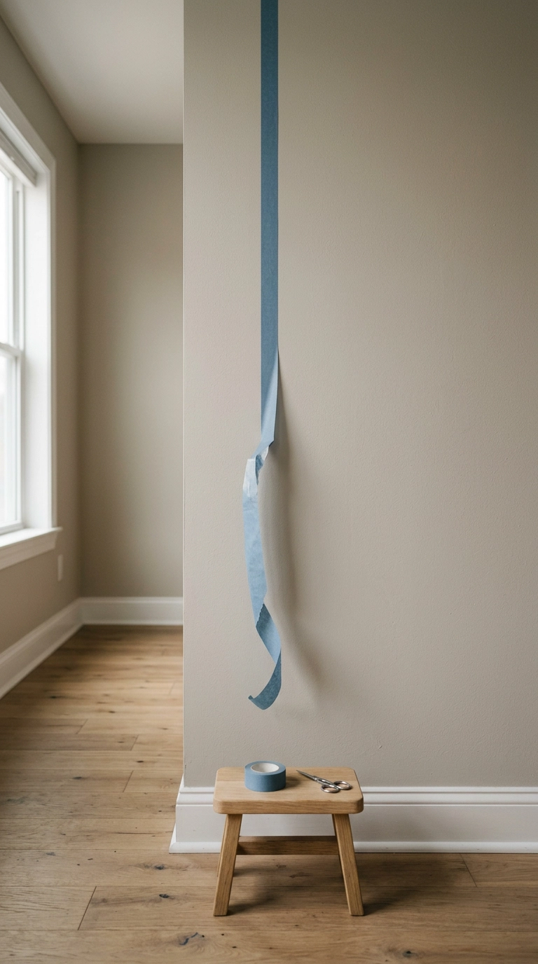 Blue washi tape being peeled cleanly off a greige rental wall leaving no residue