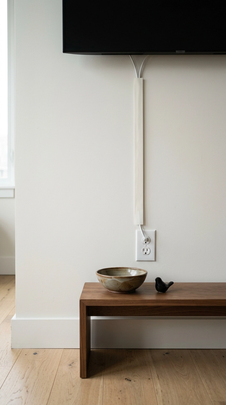 Television cables hidden under bone-white washi tape strips running down an apartment wall