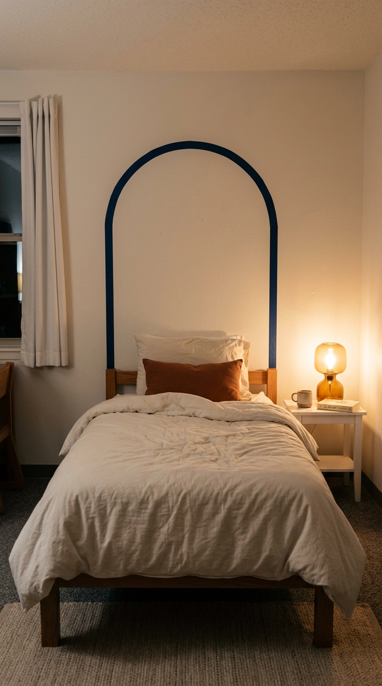Arched headboard shape outlined in navy washi tape above a twin dorm bed