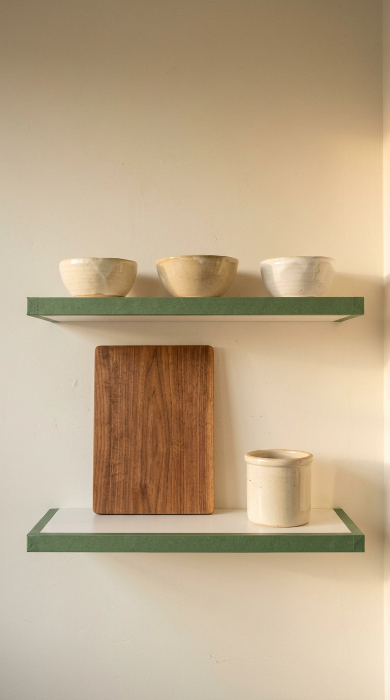 White floating shelves with forest green washi tape along the front edges holding stoneware bowls