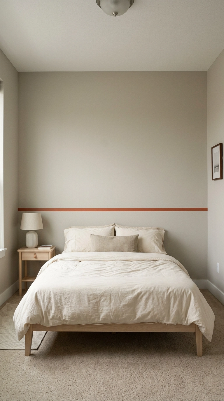 Single terracotta washi tape line at chair-rail height across a plain greige rental bedroom wall
