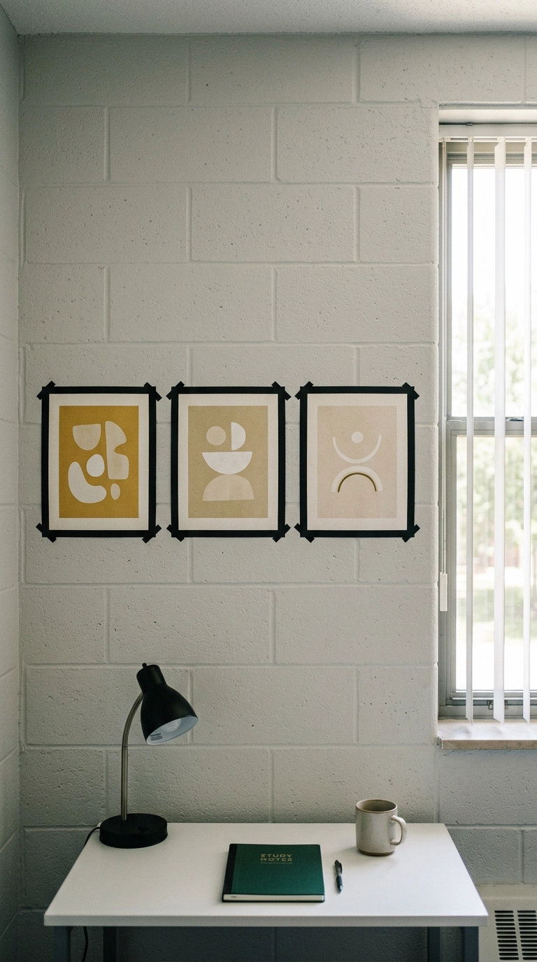 Three unframed prints bordered with black washi tape on a grey dorm cinder block wall