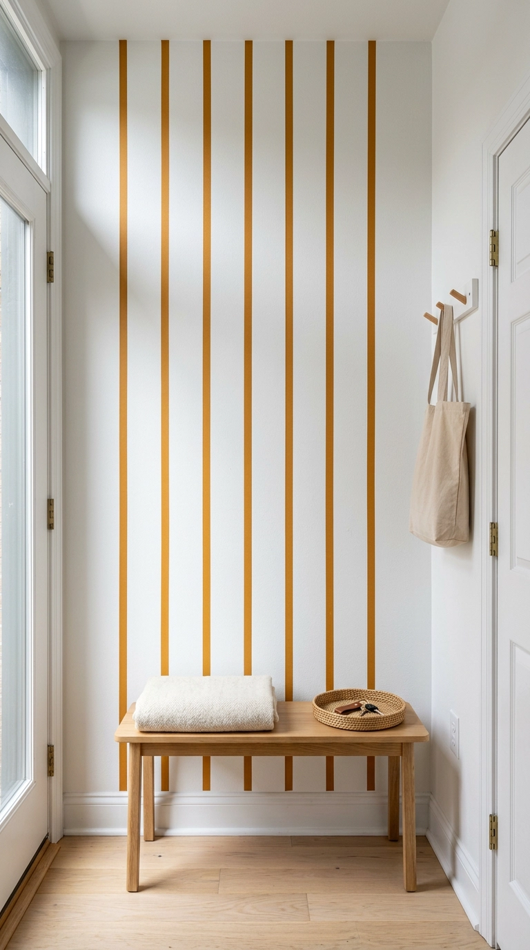 Seven vertical ochre washi tape stripes floor to ceiling above an oak entry bench