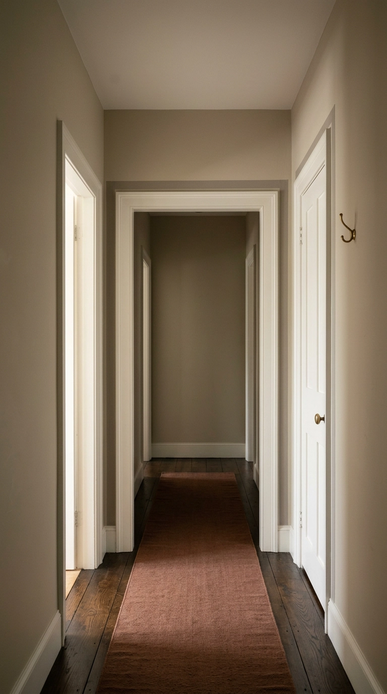 Putty-grey washi tape border tracing a doorway casing in a greige hallway