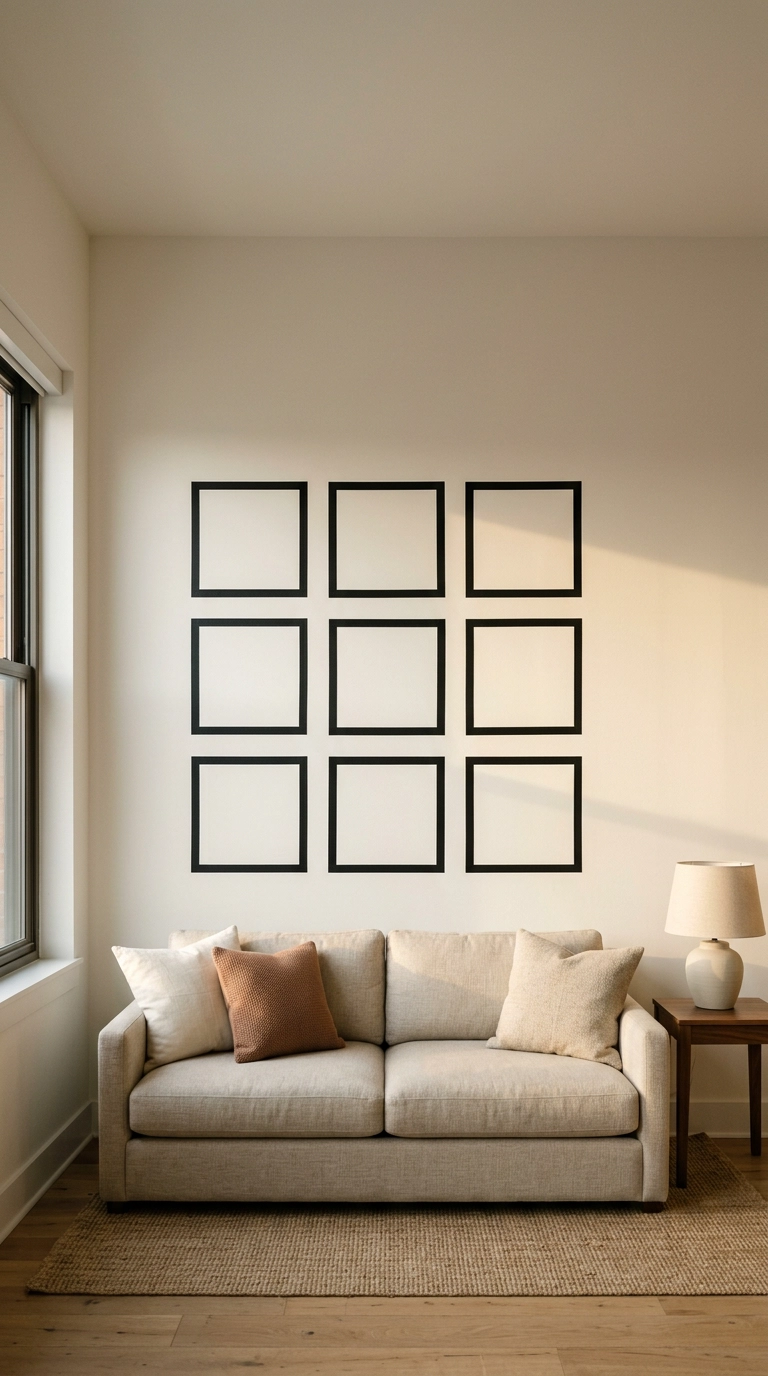 Nine open squares outlined in black washi tape in a grid above an oatmeal linen sofa
