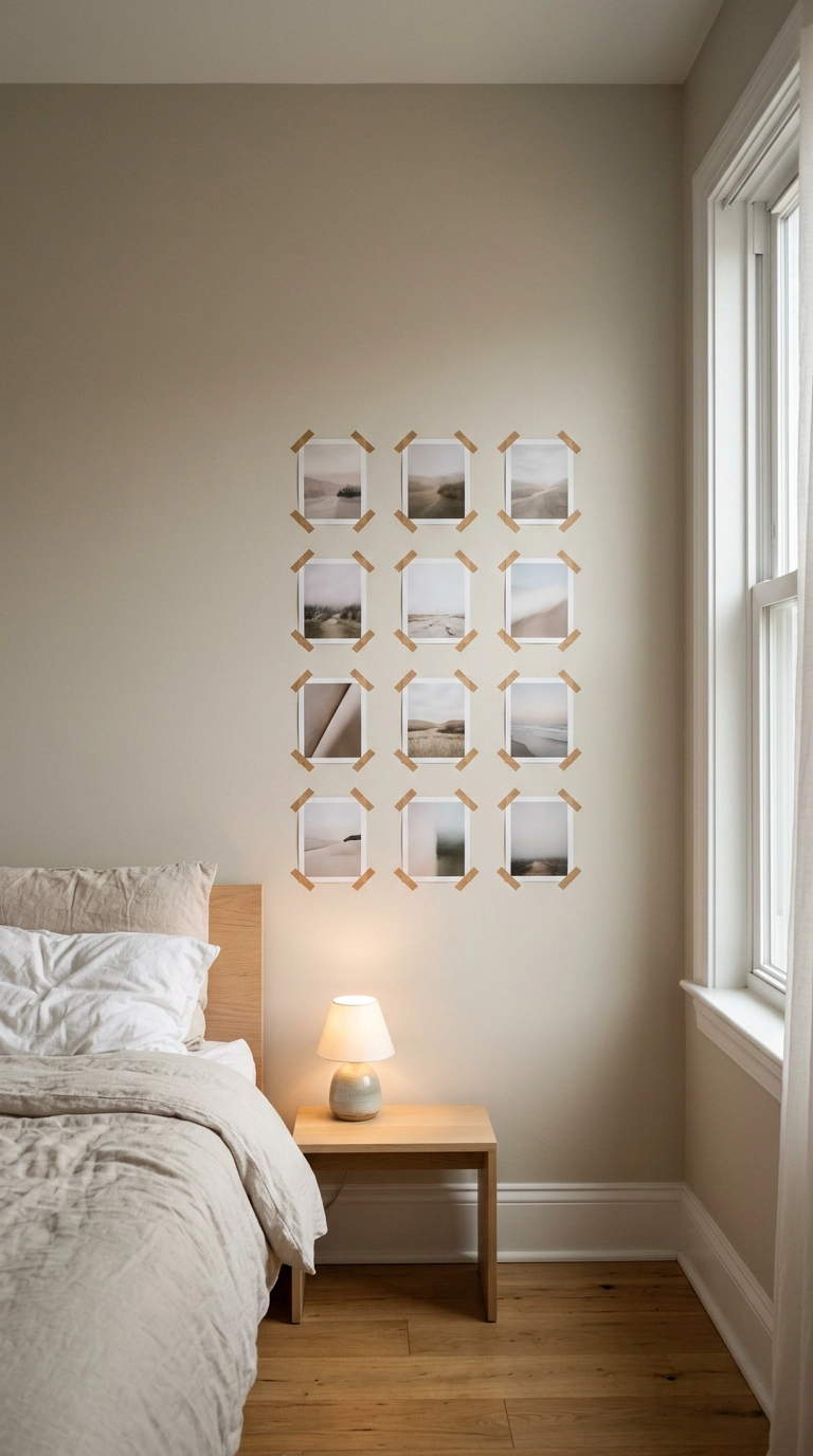 Twelve photo prints in a grid held to a greige wall by kraft-brown washi tape corners