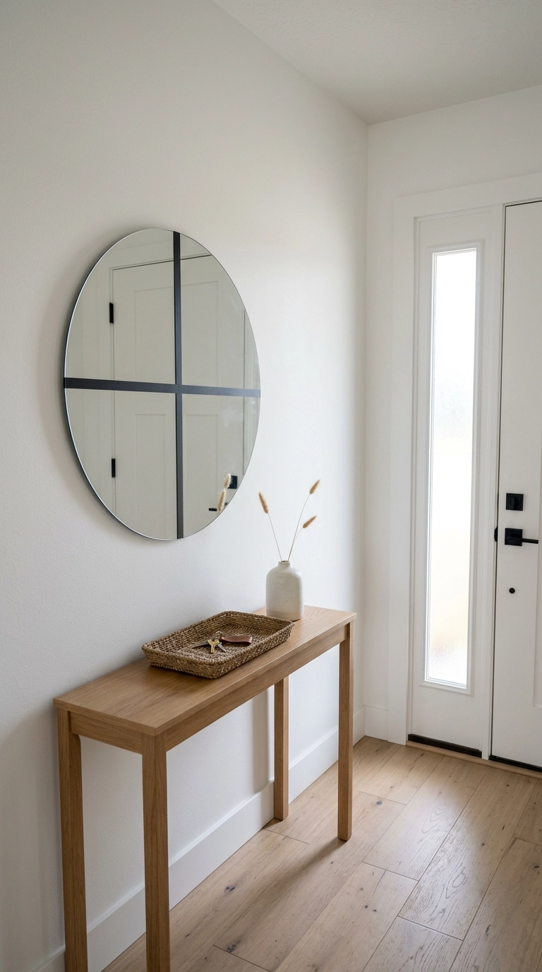 Round mirror with black washi tape bars across the glass above an oak entry console