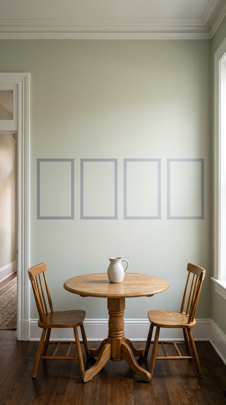 Four rectangular picture-frame panels outlined in dove-grey washi tape on a pale sage wall