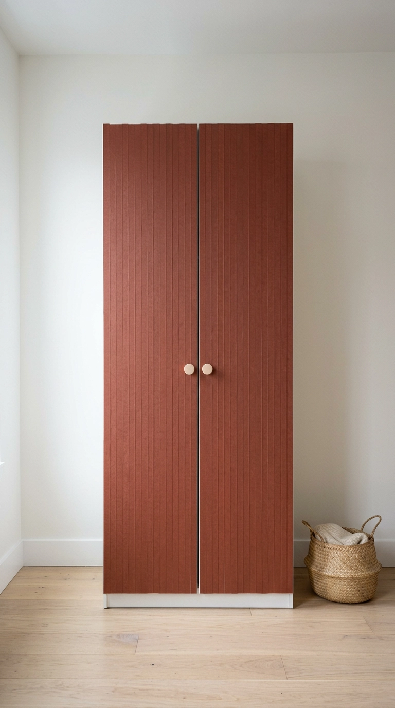 White flat-pack wardrobe with doors fully covered in deep clay washi tape strips