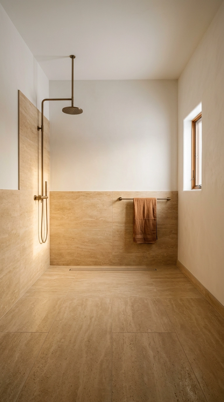 Honey travertine-look tiled floor catching low morning light in a warm wet room