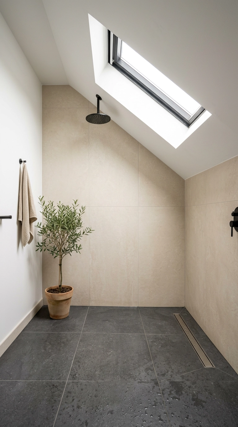 Skylight pouring daylight into a sloped-ceiling wet room with oat porcelain walls