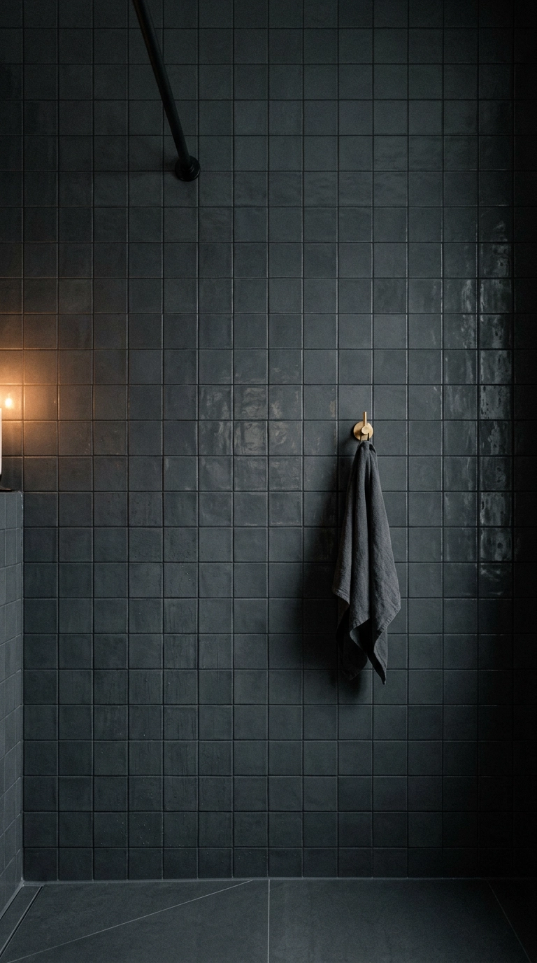 Charcoal square tile with matching charcoal grout in a moody wet room